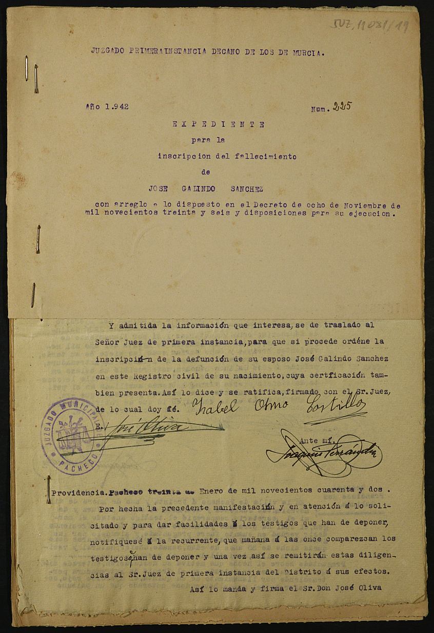 Expediente nº 225/1942 del Juzgado de Primera Instancia de Murcia para la inscripción en el Registro Civil por la defunción en el frente de José Galindo Sánchez.